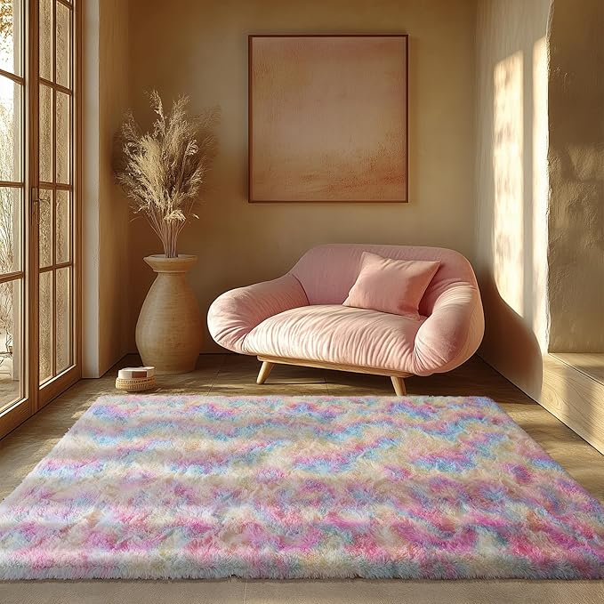 Zentavio Unicorn Rugs for Girls Room 4x6 Area Rugs for Living Room Carpet for Bedroom Washable Soft Fluffy Shag Aesthetic Plush High Pile Throw Rug for Nursery Kids Room Dorm Room Rainbow