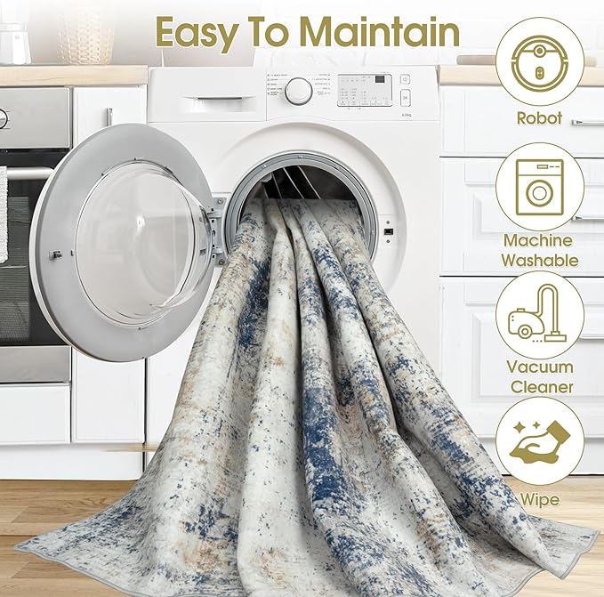 10x14 Area Rugs Living Room Rugs: Large Washable Rug with Anti-Slip Backing Non-Shedding Stain-Resistant Soft Abstract Carpet for Bedroom Dining Room Nursery Home Office Blue Brown