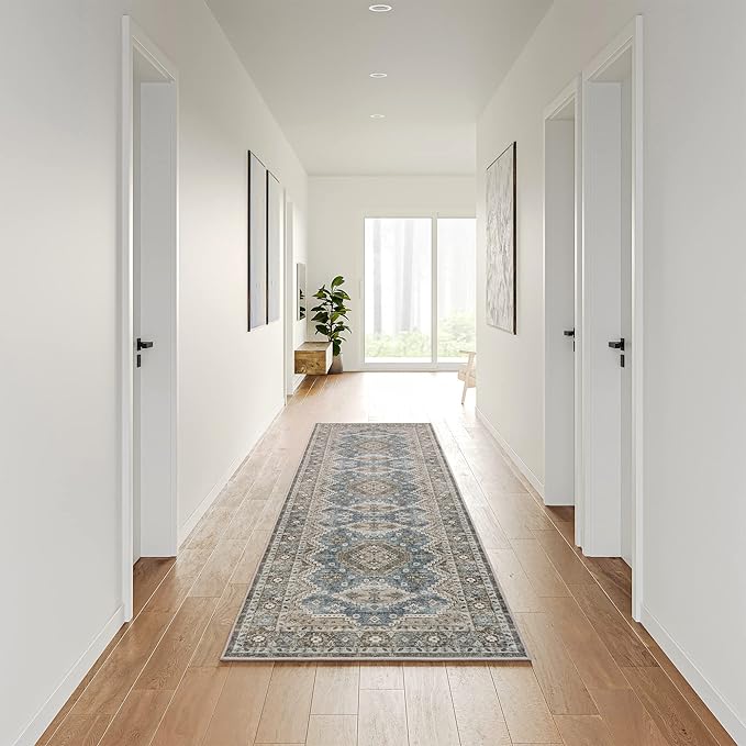 Rugland 2'6x8' Runner Rug - Stain Resistant Entryway Rug, Anti Slip Backing Hallway Runner Rug, Vintage Tribal Area Rugs (TPR07-Green, 2'6x8')