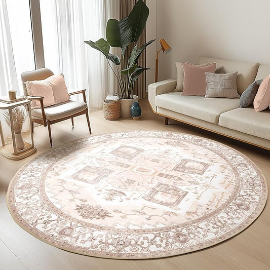 Washable 6ft Area Rugs, Rugs for Living Room, Low-Pile Water&Stain Resistant Carpet Vintage Distressed Printed Non-Slip Carpet for Bedroom Bathroom Kitchen-Pink