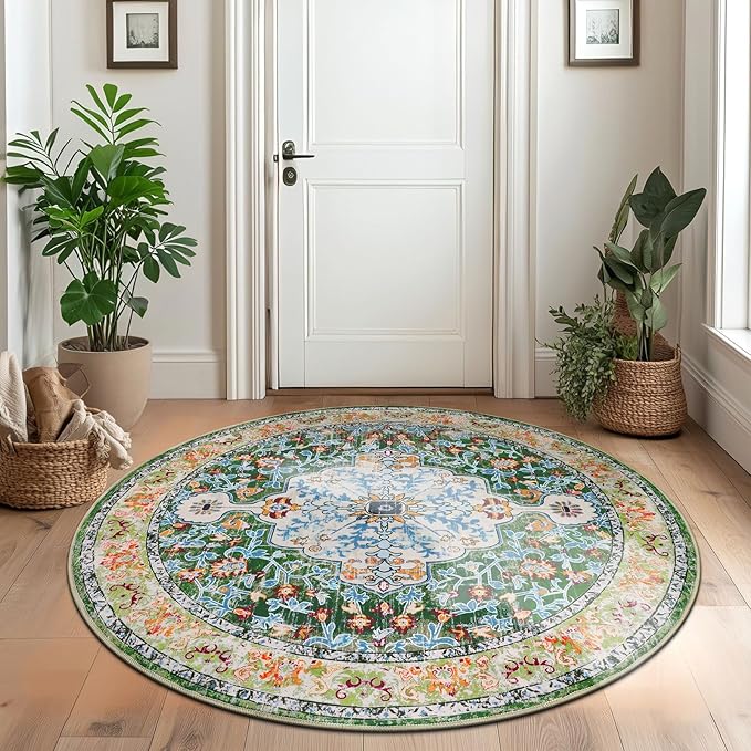 U'Artlines Boho Vintage Area Rug 4ft Machine Washable Low Pile Soft Floor Carpet Non Slip Non Shedding Accent Rug for Living Room Bedroom Entryway Dining Room Office Green
