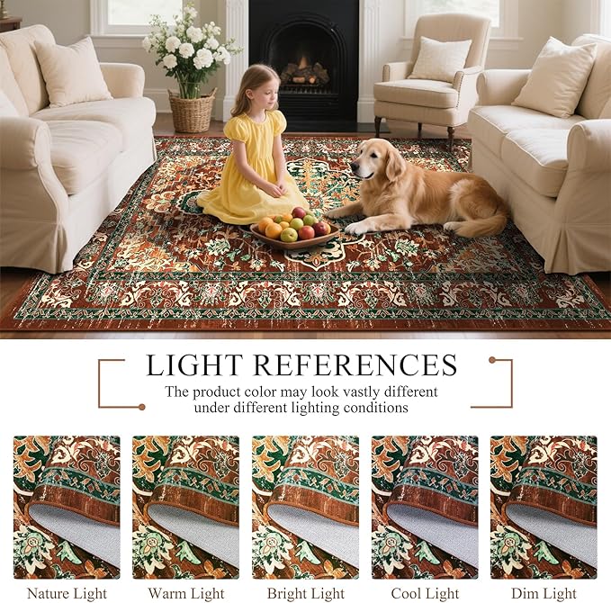U'Artlines Boho Vintage Area Rug 6x9 ft Machine Washable Low Pile Soft Floor Carpet Non Slip Non Shedding Accent Rug for Living Room Bedroom Entryway Dining Room Office Rust＆Teal