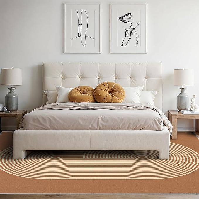 Bavni Area Rugs 8x10, Modern Soft Bedroom Rug, Machine Washable Rug Non Slip, Abstract Low Pile Large Rugs for Living Room, Dining Room, Orange Beige Lines