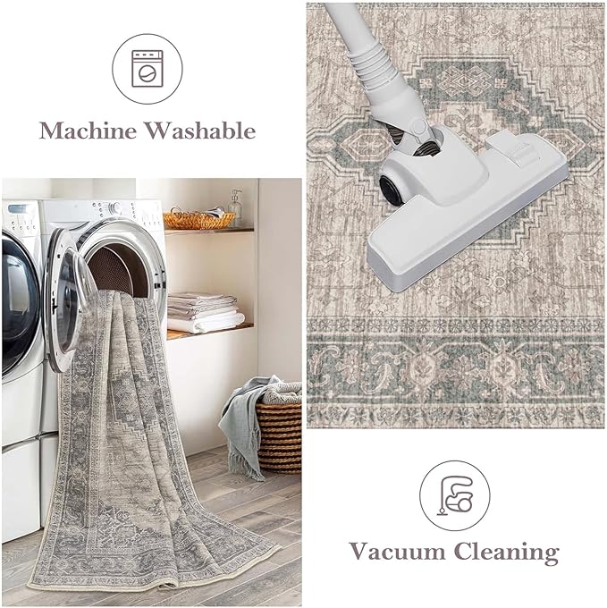 Lahome Oriental Kitchen Runner Rug, 2x6 Washable Rug Runners for Hallway 6 Feet Non Slip, Vintage Soft Long Carpet for Laundry Room Bedside Entryway, Grey/Brown