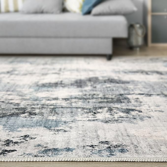 Washable Rug 5x7 Area Rugs for Living Room: Modern Abstract Neutral Soft Rug for Bedroom Dining Room Under Kitchen Table Home Office Decor - Grey Blue
