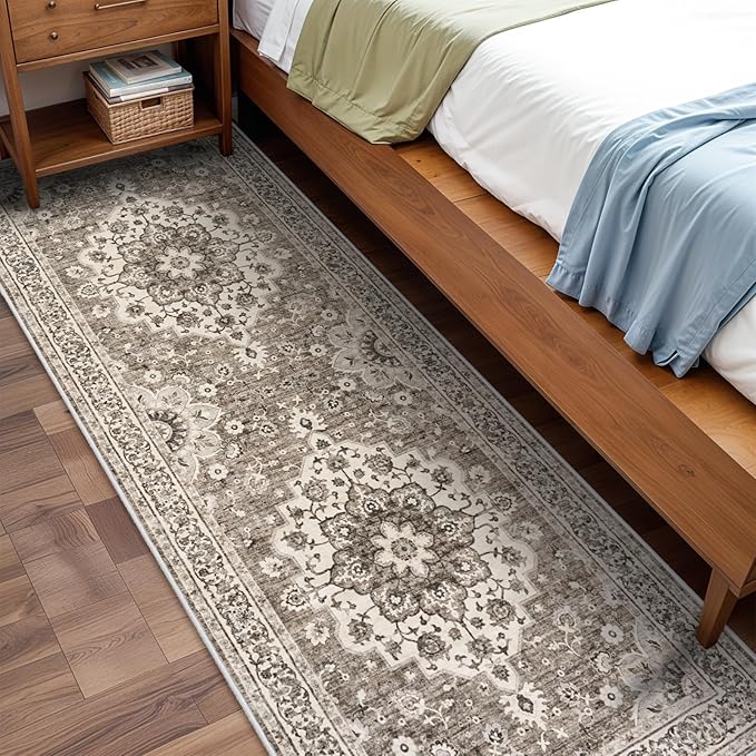 Washable Oriental Hallway Runner Rug - 3x8 Rugs for Living Room Soft Carpet for Bedroom Kitchen Waterproof Floral Distressed Indoor Stain Resistant Non-Shedding Floor Carpets (Beige, 3X8)