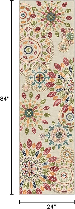 Bavni 2x7 Hallway Runner, Floral Washable Runner Rug, Ultra Thin Bathroom Rug Runner Non Slip Rubberback, Stain Resistant Rugs for Bedroom, Laundry Room, Beige Red