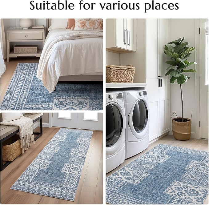 jinchan Area Rug 2x3 Ultra-Thin Door Mat Washable Vintage Boho Geometric Entryway Rug Non-Slip Non-Shedding Carpet for Bathroom Bedroom Laundry Room Blue Ivory