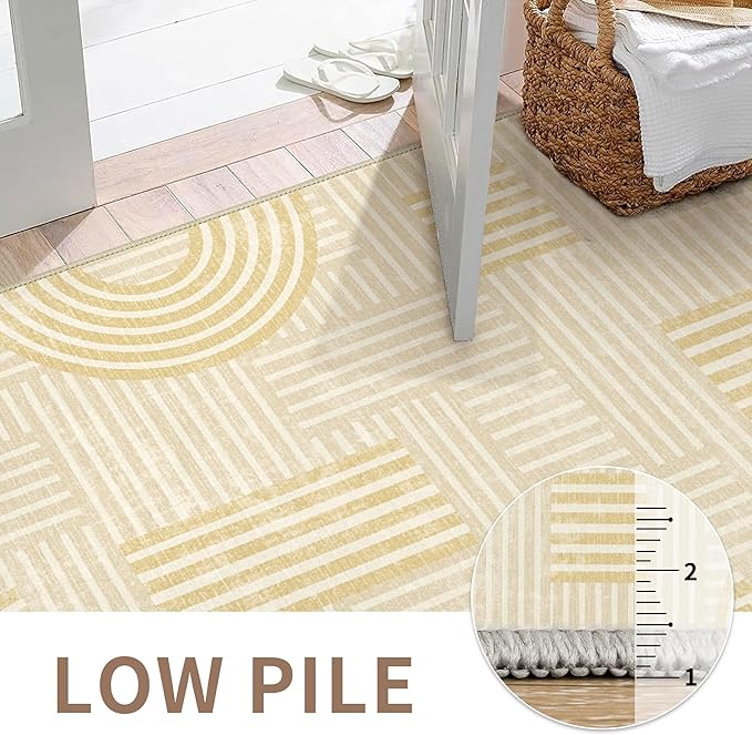 Bavni Area Rugs 8x10, Modern Soft Bedroom Rug, Machine Washable Rug Non Slip, Abstract Low Pile Large Rugs for Living Room, Dining Room, Abstract Yellow Beige