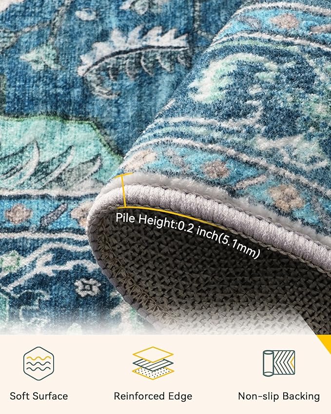 Area Rugs Square 8ft Washable Non-Slip, Floral Vintage Distress Print Pattern Medallion Carpet for Living Room Bedroom Dining Room, Teal Green Lake Blue