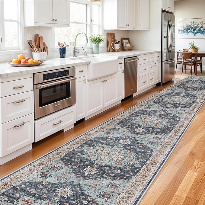 Washable Oriental Hallway Runner Rug - 3x20 Rugs for Living Room Soft Carpet for Bedroom Kitchen Waterproof Floral Distressed Indoor Stain Resistant Non-Shedding Floor Carpets (Blue/Teal/Orange, 3X20)