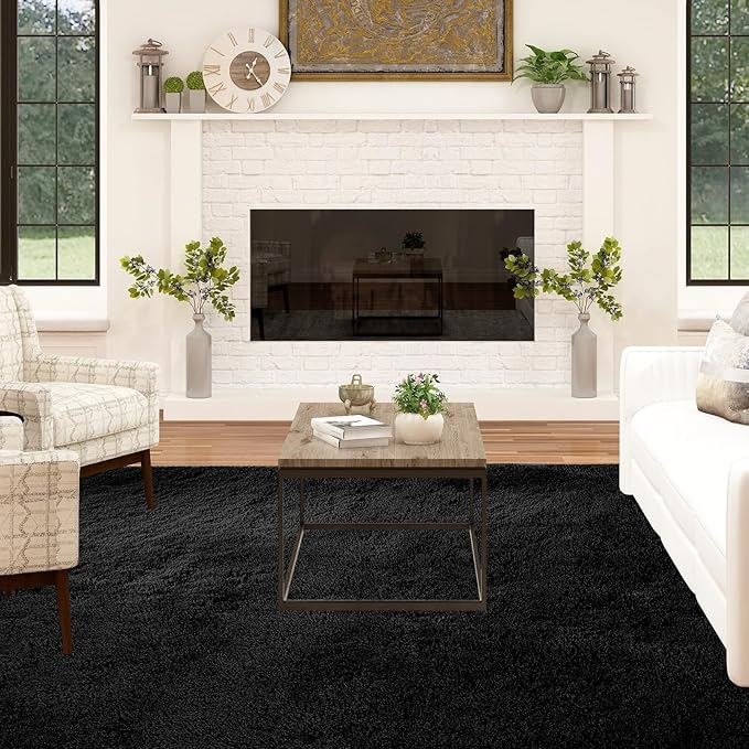 CAIYUECS Area Rug 7x10: Black Modern Indoor Soft Shaggy Fuzzy Floor Carpet for Living Room