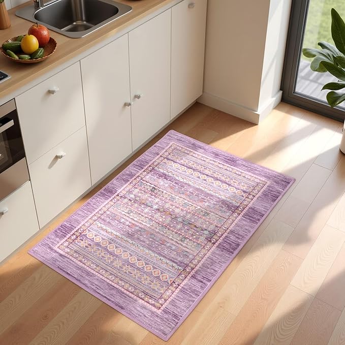 2x3 Small Rugs for Bedroom, Washable Aztec Geometric Indoor Entryway Door Rug with Non-Slip Backing, Soft Moroccan Throw Rug Western Carpet for Kitchen Home Office, Purple & Pink