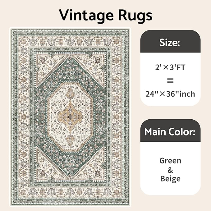 Washable Entryway 2x3 Rug: Small Boho Rugs for Indoor Entrance Non Slip Backing Stain Resistant Carpet Low Pile Throw Rugs for Bedroom Bedside Inside Front Door Floor Kitchen Decor(Green,2x3FT)