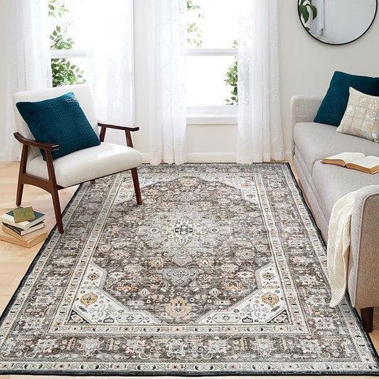 Washable Area Rug - 5x7 Bedroom Living Room Large Indoor Rugs Soft Oriental Vintage Rugs Non-Slip Backing Stain Resistant for Farmhouse Kitchen (5x7 Brown)