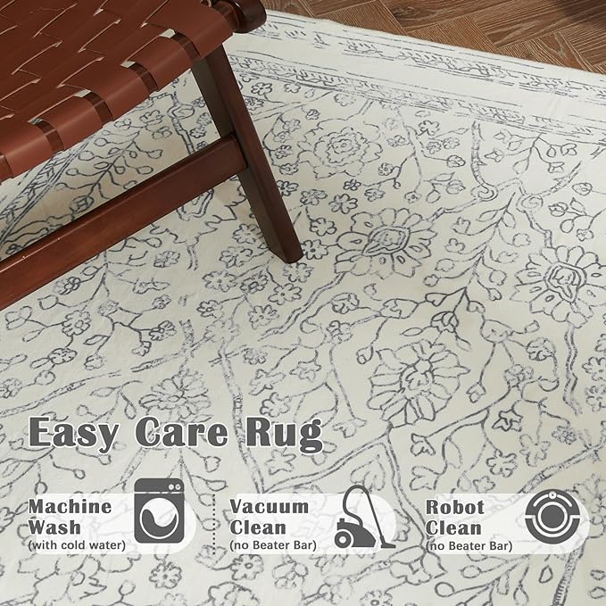 jinchan Hallway Runner Rug 3x8 Washable Kitchen Flora Faux Wool Non-Slip with Rubber Backing Soft Thin Vintage Carpet Runner for Bedroom Bathroom Laundry Room Living Room (3x8ft,Grey)