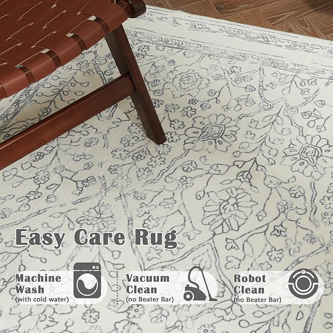 jinchan Hallway Runner Rug 3x10 Washable Kitchen Flora Faux Wool Non-Slip with Rubber Backing Soft Thin Vintage Carpet Runner for Bedroom Bathroom Laundry Room Living Room (3x10ft,Grey)
