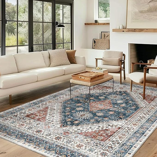 Large-size Rug for Living Room-Washable Area Rugs 8' x10' for Bedroom, Ultra-Soft Non-Shedding Faux Wool Vintage Design Boho Low Pile Mat rugs,Stain Resistant Rugs with Non-Slip Backing（Dark Color）
