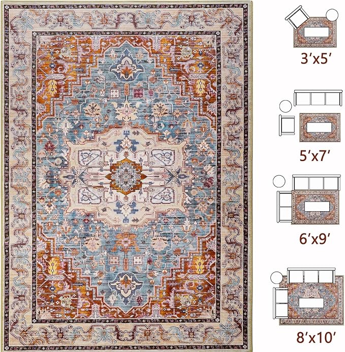Washable Vintage Area Rugs 3x5, Low Pile Carpet, Non-Slip Distressed Rug for Bedroomn Living Room, Dining Room, Non-Slip, Low Pile, Brick Red