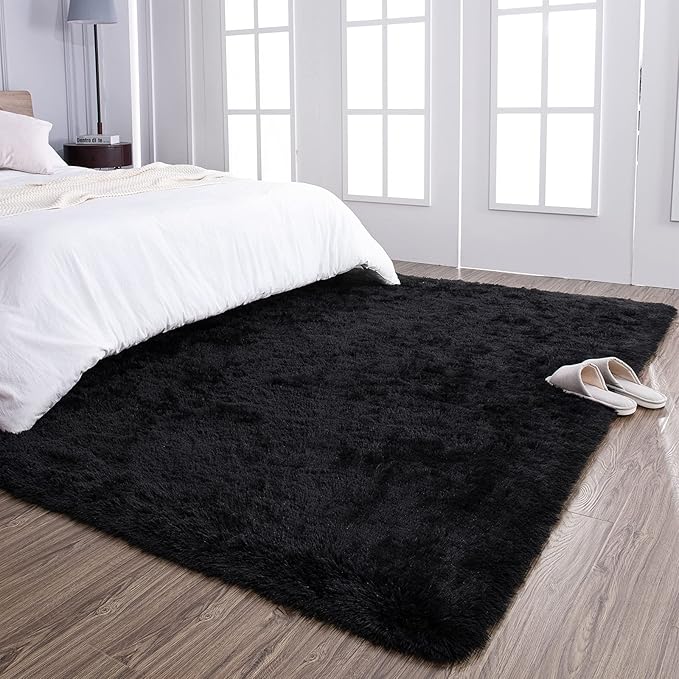 TWINNIS Super Soft Shaggy Rugs Fluffy Carpets, 8x10 Feet, Indoor Modern Plush Area Rugs for Living Room Bedroom Kids Room Nursery Home Decor, Upgrade Anti-Skid Rectangular Fuzzy Rug, Black