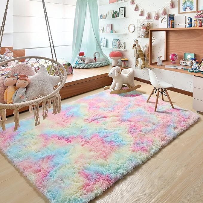 RUGTUDER 5x8 Rainbow Colorful Area Rugs for Girls Bedroom, Kawaii Princess Shaggy Rugs for Kids Playroom, Plush Soft Cute Baby Nursery Carpet, Toddler Girl Room Decor, Home Decor Aesthetic