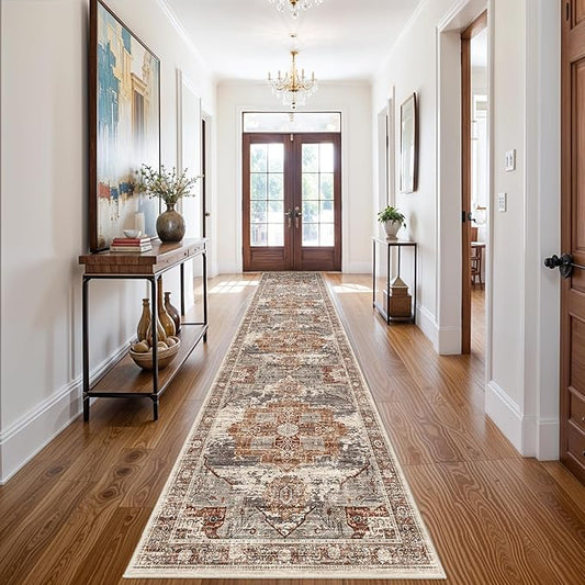 RUUGME Washable 3X14 Runner Rugs - Large Boho Rugs for Living Room Stain Resistant Carpet Vintage Tribal Rugs for Bedroom Kitchen Bathroom Non Slip Backing Home Decor Floor Decoration Mat 3X14 Brick