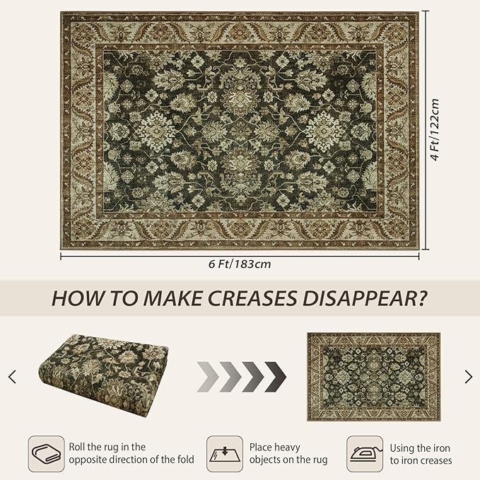 Area Rugs for Living Room, 4x6 Washable Rugs for Bedroom, Non-Slip Retro Floral Carpet for Entryway Office Kitchen Dining Room, Brown and Green