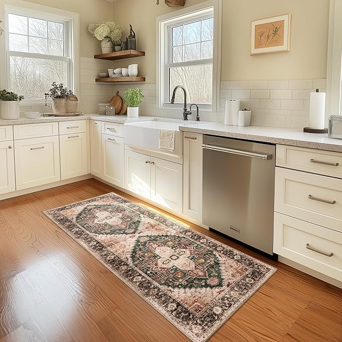 Washable 2x6 Area Rugs, Rugs for Living Room, Low-Pile Water&Stain Resistant Carpet Vintage Distressed Printed Non-Slip Carpet for Bedroom Bathroom Kitchen-Green