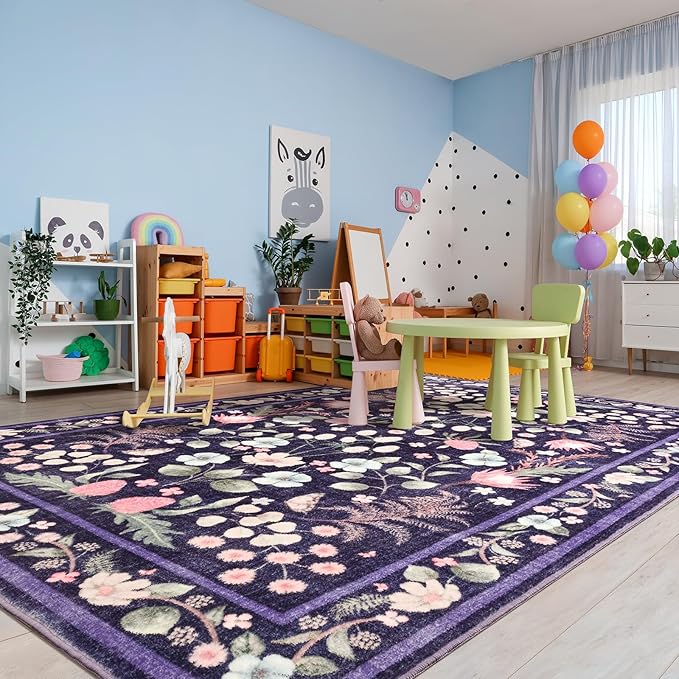 Area Rugs for Living Room, 6x9 Washable Non-Slip Rug for Bedroom, Vintage Floral Carpet for Home Office Nursery Dining Room Kitchen, Purple