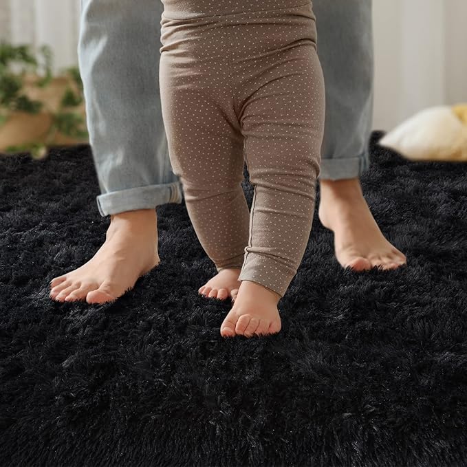 YJ.GWL Area Rugs for Bedroom, 2x3 Door Mat Washable Small Black Bedside Rug,Fluffy Shaggy Entryway Rugs for Living Room, Shag Indoor Floor Carpet for Kids Boy and Girls, Home Decor Aesthetic
