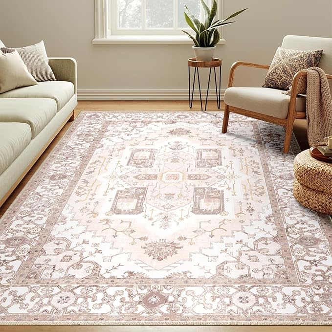 Washable 9x12 Area Rugs, Rugs for Living Room, Low-Pile Water&Stain Resistant Carpet Vintage Distressed Printed Non-Slip Carpet for Bedroom Bathroom Kitchen-Pink