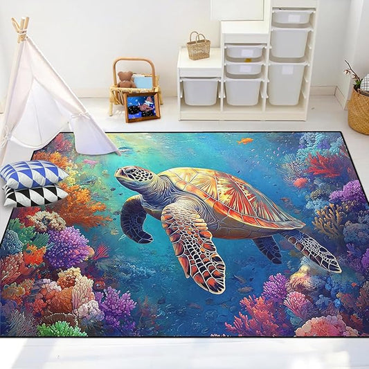 Sea Turtle Coastal Rug - Kids Sea Turtle Rugs for Bedroom Ocean Life Theme, 80" L x 58" W