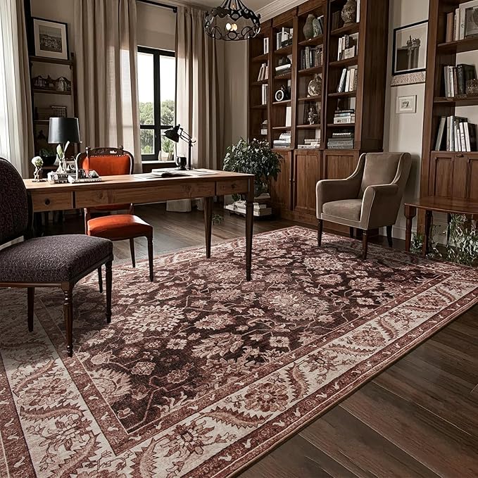 Area Rugs for Living Room, 6x9 Washable Area Rug for Bedroom, Retro Floral Non-Slip Carpet for Nursery Home Office Dining Room Kitchen, Brownish Red