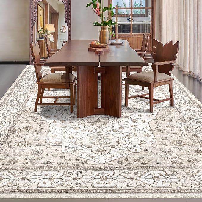 8'x10' Machine Washable Vintage Design Area Rug - Non Slip, Stain Resistant for Home, Office, Machine Washable Area Rugs 8x10 for Living Room (Beige Cream 8x10)