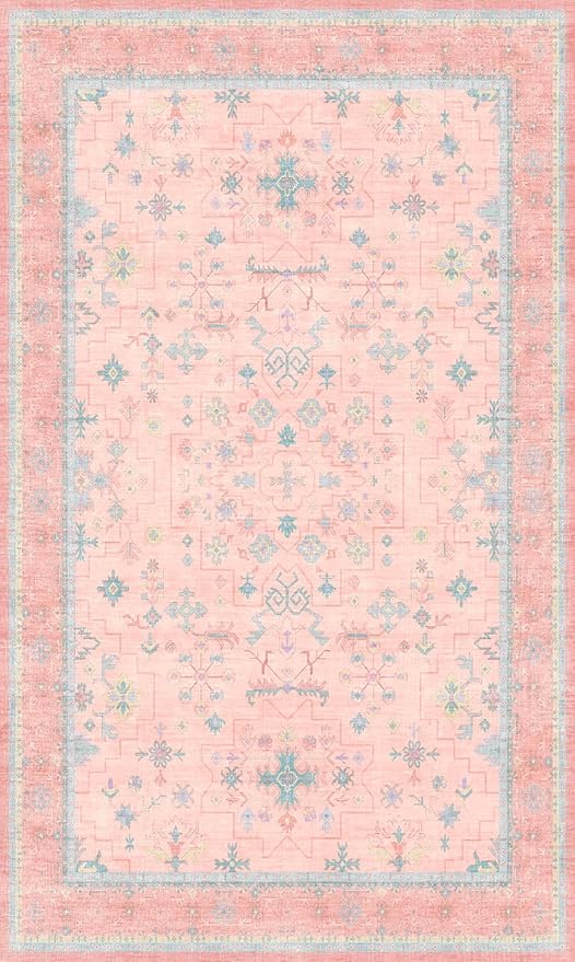 Washable Pink Nursery Rug, 3x5 Area Rugs for Entryway, Kitchen, Bedroom - Boho Modern Floral Distressed Oushak Design, Soft Faux Wool Low Pile Non Slip Stain Resistance Carpet