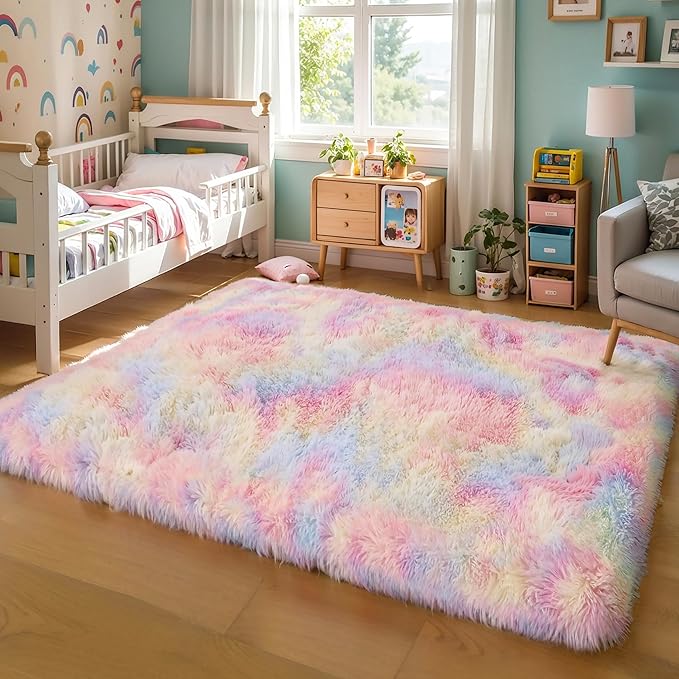 Thick Area Rug 5x8 Unicorn Fluffy Shag for Girls Bedroom, Rainbow Soft Fuzzy Furry Shaggy Pastel Rug for Living Room,Thickened Washable Non Slip Princess Kids Nursery Boys Dorm Room Carpets