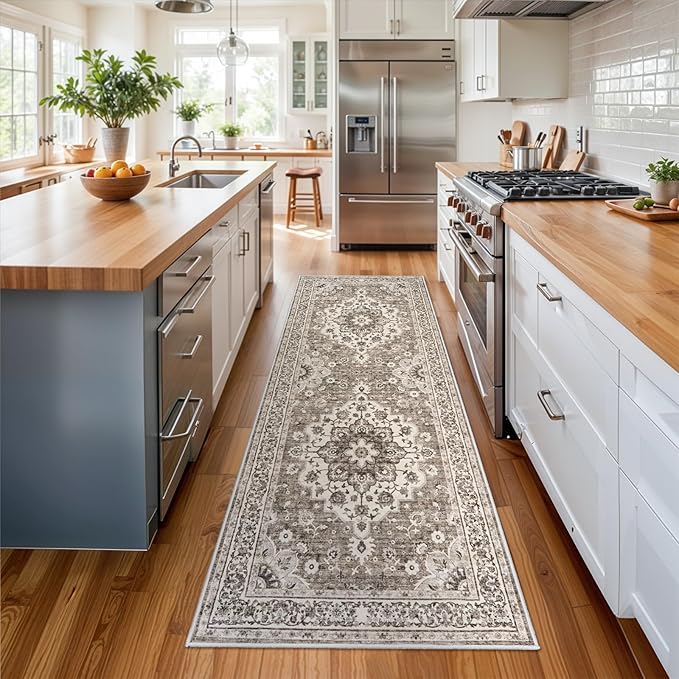 Washable Oriental Hallway Runner Rug - 3x8 Rugs for Living Room Soft Carpet for Bedroom Kitchen Waterproof Floral Distressed Indoor Stain Resistant Non-Shedding Floor Carpets (Beige, 3X8)