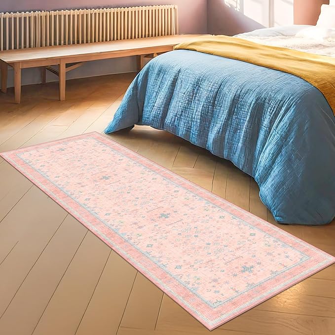 Washable Pink Hallway Runner Rug, 2x6 Area Rugs for Kitchen Floor Mat, Laundry Room, Bedroom - Boho Modern Floral Distressed Oushak Design, Soft Faux Wool Low Pile Non Slip Stain Resistance Carpet