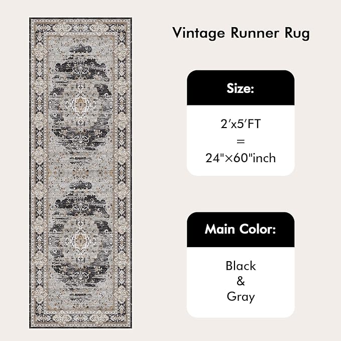 2x5 Runner Rug for Hallway Washable: Non Slip Kitchen Rugs with Rubber Backing Soft Waterproof Mats Stain Resistant Indoor Vintage Carpet Runner for Bedroom Bathroom Laundry Entryway Black/Gray