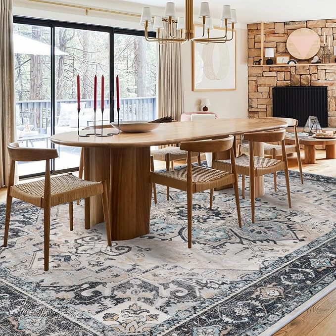 Washable Area Rug 8x10 - Living Room Farmhouse Vintage Oriental Rug Large Distressed Non-Slip Stain Resistant Carpet for Bedroom Dining Room Home Office (8x10 Blue/Cream)