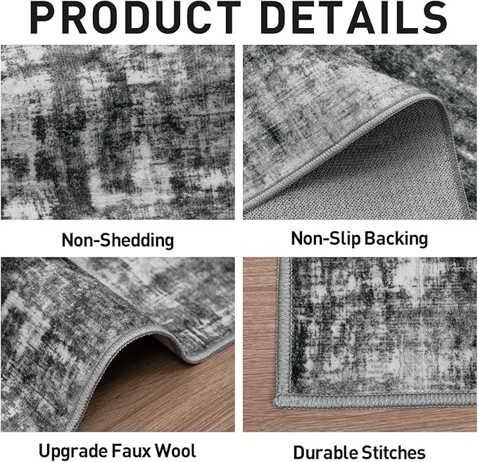10x14 Area Rugs Washable Rug: Modern Abstract Living Room Rug Soft Anti-Skid Thin Carpet Indoor Floor Non-Shedding Carpets for Bedroom Dining Room Farmhouse Nursery Home Office Black