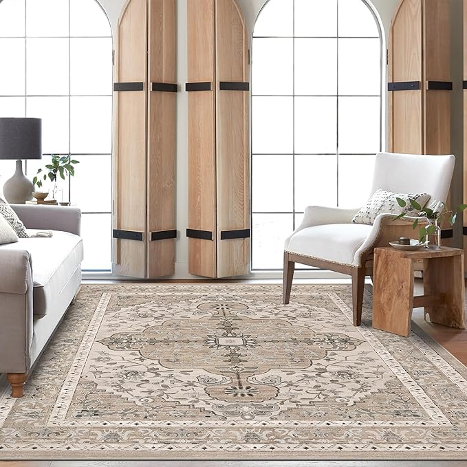 U'Artlines Boho Vintage Area Rug 5x7 Machine Washable Low Pile Soft Floor Carpet Non Slip Non Shedding Accent Rug for Living Room Bedroom Entryway Dining Room Office Beige＆Brown