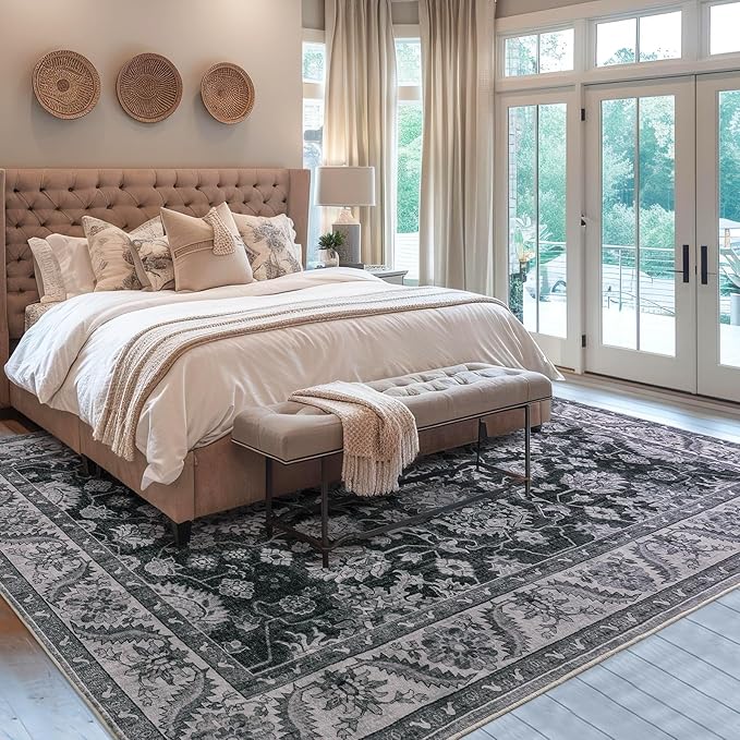 Area Rugs for Living Room, 6x9 Washable Area Rug for Bedroom, Retro Floral Non-Slip Carpet for Nursery Home Office Dining Room Kitchen, Grey