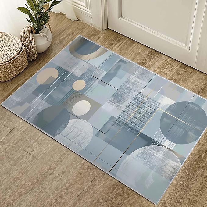 2x3 Entryway Rug Abstract Minimalist Circle Blue Small Area Rug Thin Carpet Bathroom Non Slip Indoor Entrance Low Pile Door Mat Kitchen Stain Resistant Washable Machine
