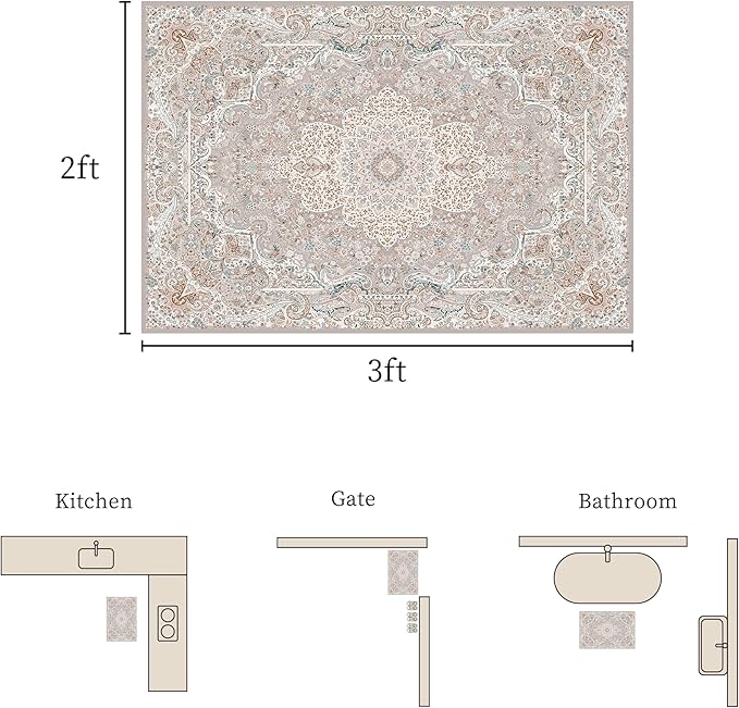 Door Mat, 2x3 Rug, Indoor Mats for Entryway, Door Rugs for Entryway Indoor, Front Door Rugs, Small Non Slip Rug, Neutral Boho Modern Vintage Floral Rug for Entryway Indoor, Bathroom