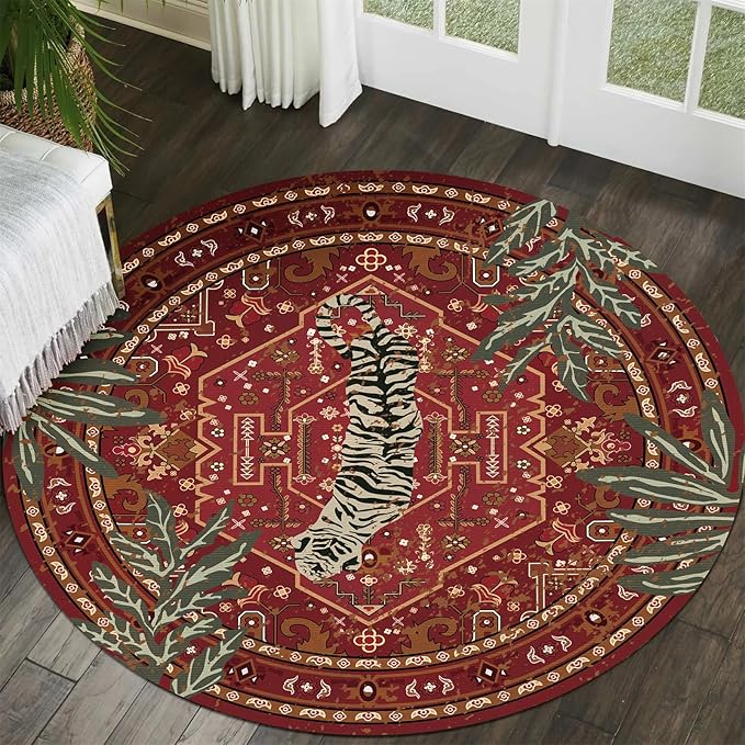 Tribal Rugs Summer Tropical 4ft Round Area Rugs Wine Red Traditional Boho Vintage Oriental Rug for Bedroom Kitchen Dining Living Room Indoor Entryway Washable Hippie Circle Carpet