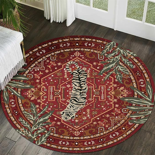 Tribal Rugs Summer Tropical 4ft Round Area Rugs Wine Red Traditional Boho Vintage Oriental Rug for Bedroom Kitchen Dining Living Room Indoor Entryway Washable Hippie Circle Carpet