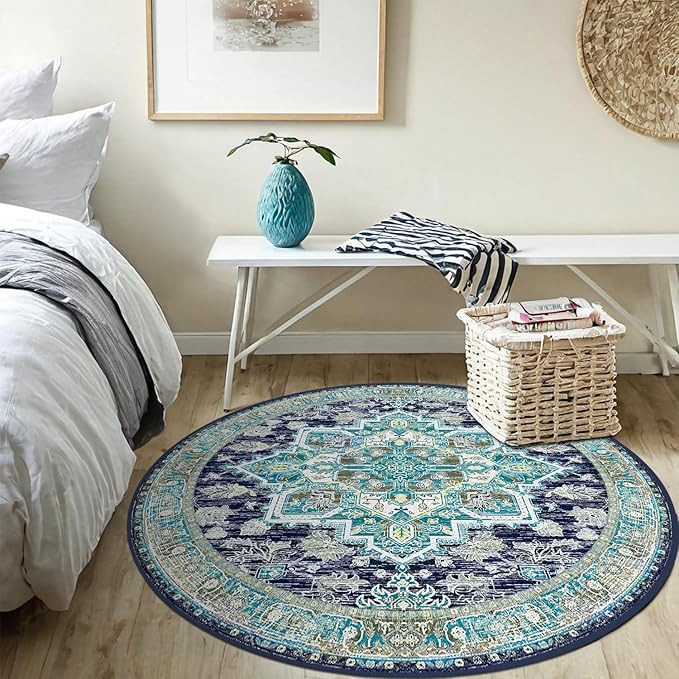 BESTSWEETIE 4ft Area Rugs for Living Room Washable Non Slip Carpet Low Pile Soft Vintage Print Pattern Rug for Bedroom Dining Room Kitchen Entryway Indoor-Teal/Navy/Green/Yellow