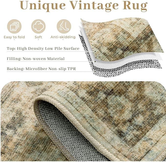 2x3 Area Rugs Entryway Rug: Washable Vintage Throw Rugs Soft Non Slip Small Rugs Low Pile Indoor Floor Door Mat Retro Distressed Rug for Entrance Bedroom Kitchen Laundry Room(Brown, 2'x3')
