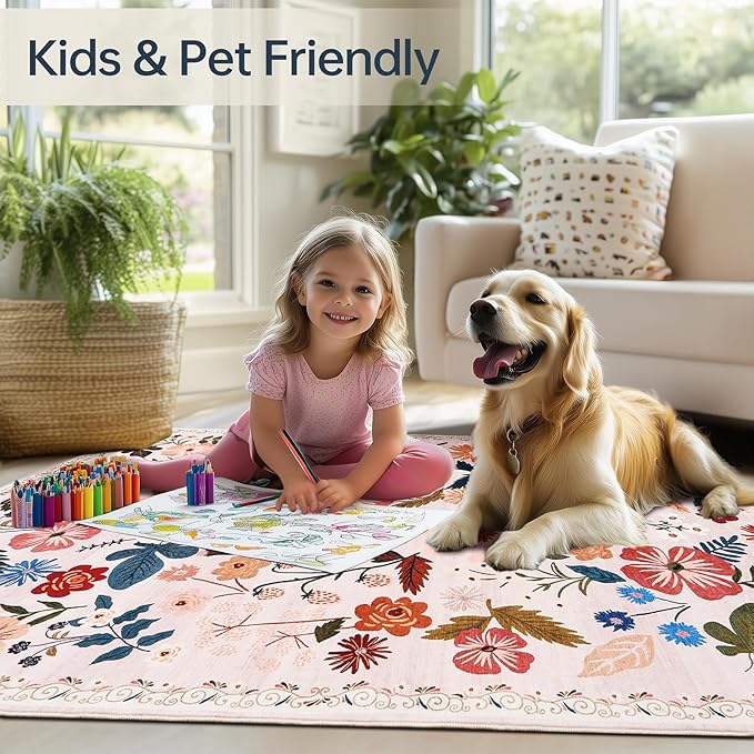 2x6 Runner Rugs for Hallways Non Slip with Rubber Backing Stain Resistant Area Rug Washable Beige Boho Floral Ultra-Thin Carpet Rugs Indoor for Entryway Kitchen Bedroom Laundry Bathroom Stairwell